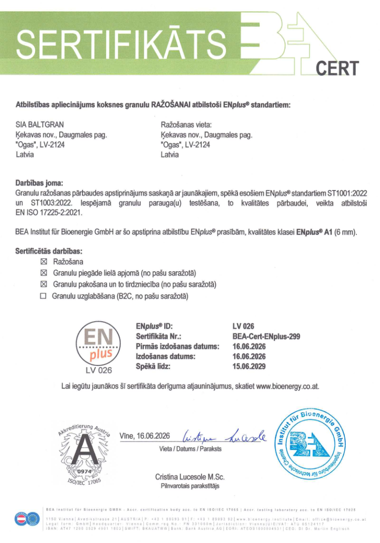 ENplus A1 Kvalitātes Sertifikāts
