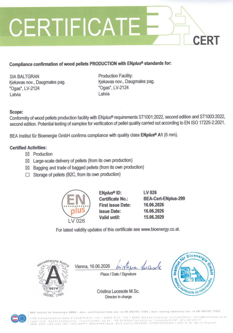 ENplus A1 Quality Certificate